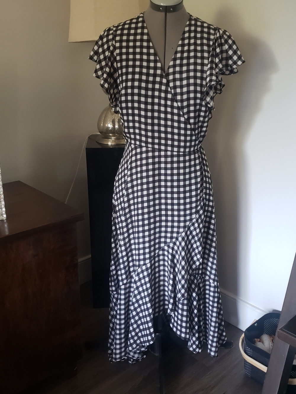 Isaac Mizrahi Black and White Gingham High-Low Wrap Dress